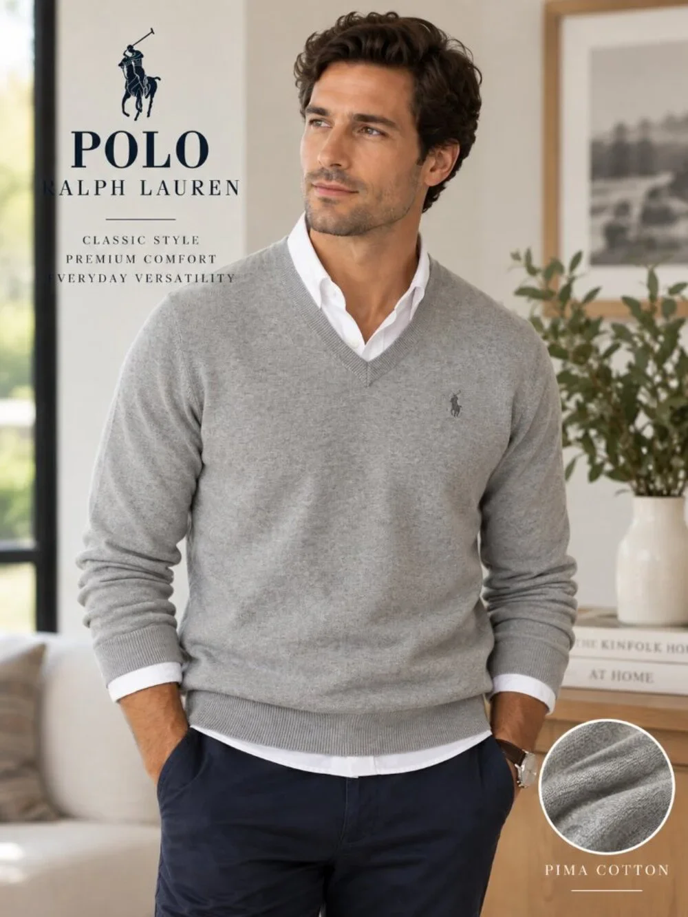 Polo Ralph Lauren Gray Pima Cotton V-Neck Sweater M